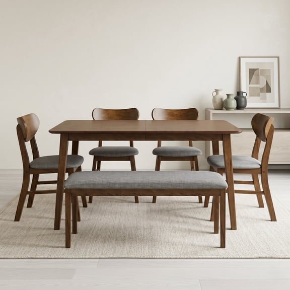 Home Design Easton Dining Set (Set of 6), Rectangular Table, Upholstered Chairs and Bench, Comfortable Gray Linen Upholstered Seat, Brown