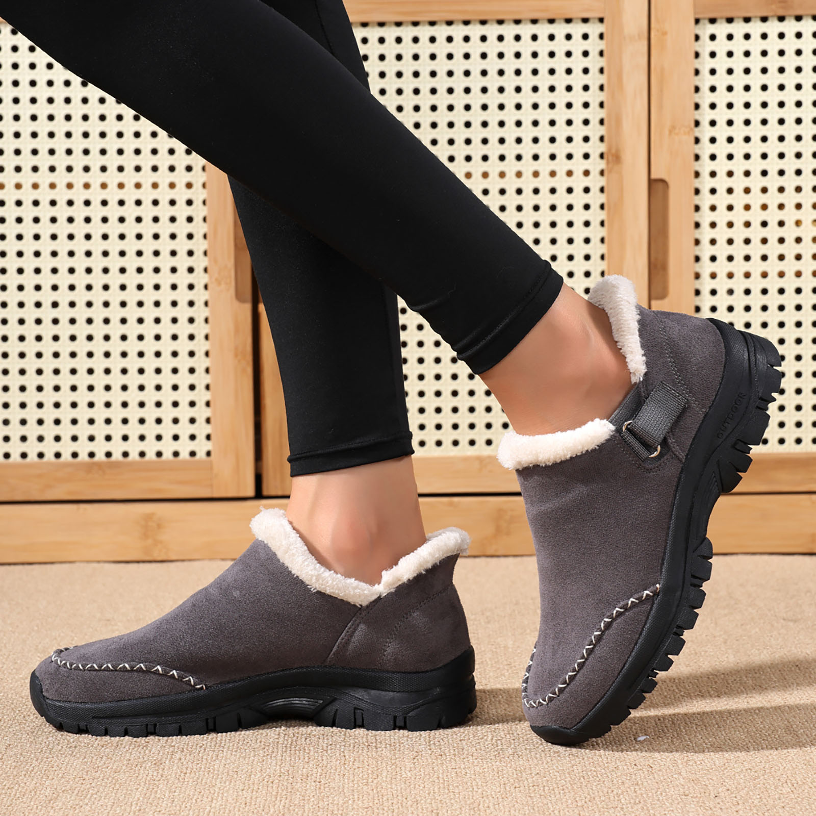 Dakaela Womens Winter Snow Boots Fleece Lined Hiking Slip on Loafers Sneakers Outdoor Plush Short Booties Shoes Grey 9