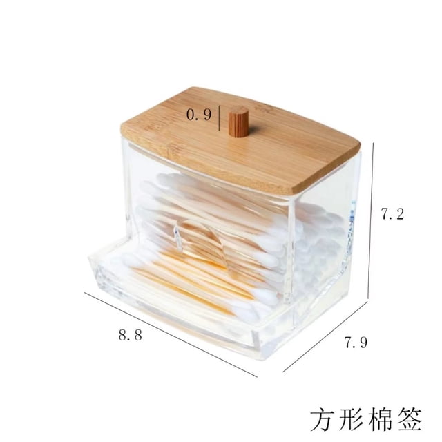 Caja de almacenamiento de acrílico, tarro de baño, organizador de maquillaje, soporte redondo para almohadillas de algodón, caja para hisopos de algodón, dispensador de hisopos con tapa de bambú