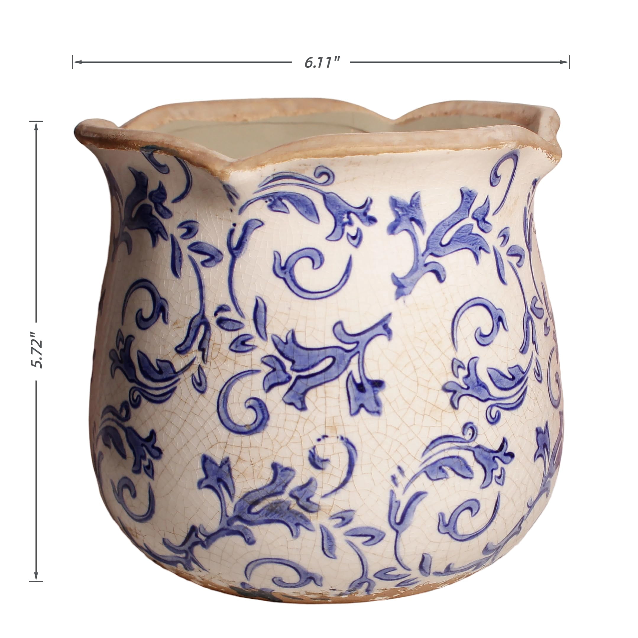 Ceramic Pots for Plants, Vintage Plant Pot with Drainage Hole, 6.11in. Planter for Indoor Plants, Crackle Glaze Finish Flower Pot, Perfect Ceramic Planter for Gardening, Red Blooms