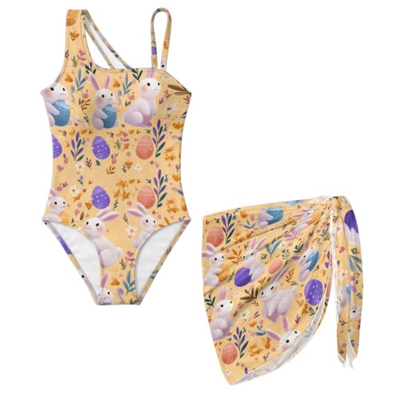 SEANATIVE Girls Swimsuits One-Piece Bathing Suit with Mesh Cover Up Skirt Lightweight Soft Swimwear Cut Out Design Beachwear with Adjustable Strap, Size 7-8, Easter Rabbit Eggs Floral