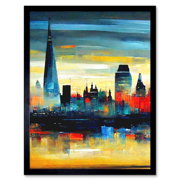 London Skyline Reflecting On River Thames Modern Oil Paint Art Print Framed Poster Wall Decor 12x16 inch