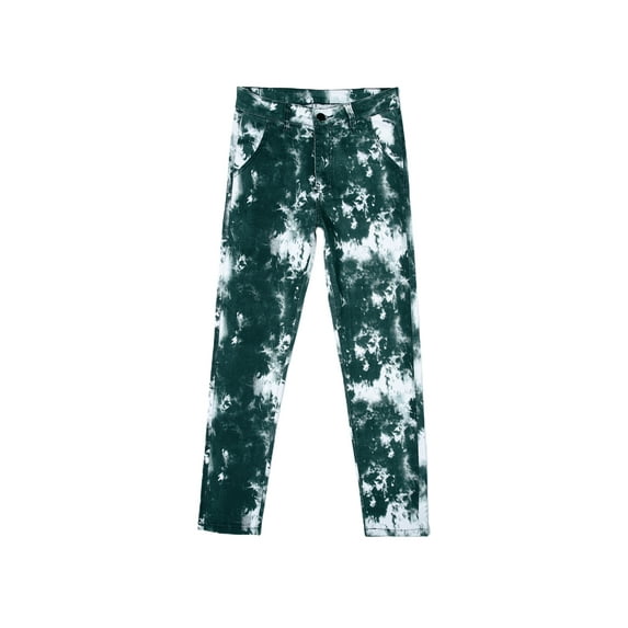 Seyurigaoka Men Casual Jeans Dark Green Tie-dyed Printed Pattern Long Trousers