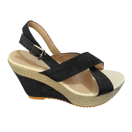 

LIANGP Women s Sandals Ladies Spring/Summer Cake Thick Bottom Slope Denim Buckle Beach Sandals Women s Shoes Black Size 6