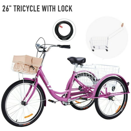 Viribus 26 Inch 1 Speed Adult Tricycle 3 Wheel Trike Bike with Removable Wheeled Basket, Dustproof Bag for Men & Women, Purple