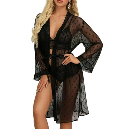 

UKAP Women Bodysuit 3 Pieces Lingerie Set Long Sleeve Cardigan See Through Teddy Babydoll Solid Color Ladies Sexy Deep V Neck Plain With Panties Black L