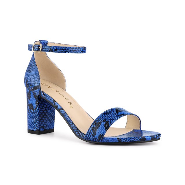 BLISSFUL STEP Women's Snake Printed Block Heel Ankle Strap Sandals Blue Snake 7