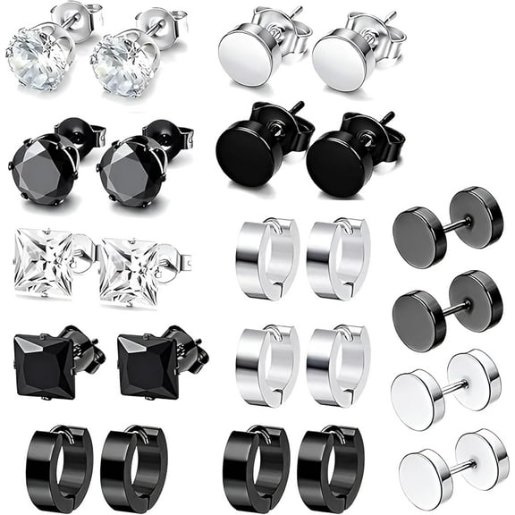 12 Quality Pairs Men's Stainless Steel Earrings Studs, Barbell, Silver Black Hypoallergenic Earrings for Men Women[v924]