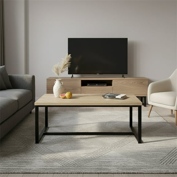 Bali Coastal Modern Coffee Table Natural Wood Top with Black Metal Legs