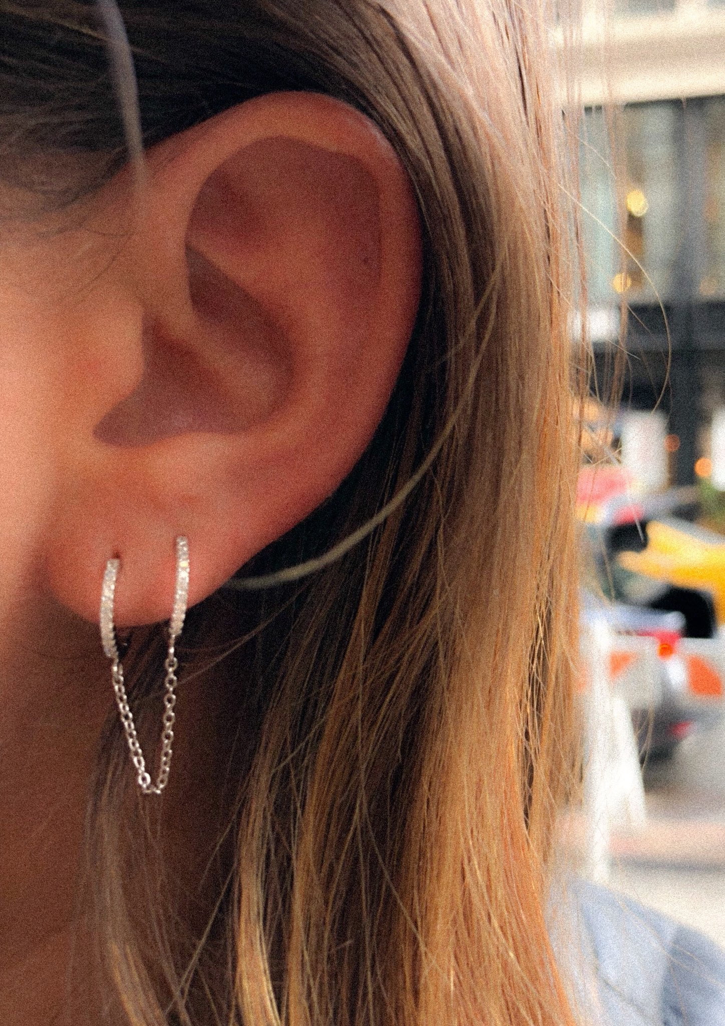 Sterling Silver Double Huggie Dainty Hoop Chain Earring with Crystals