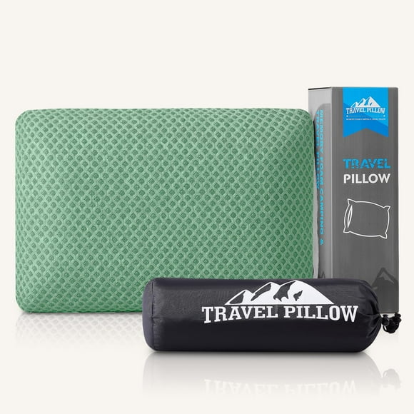 Almohada de viaje PEUJEW de espuma viscoelástica para acampar con mochila, verde