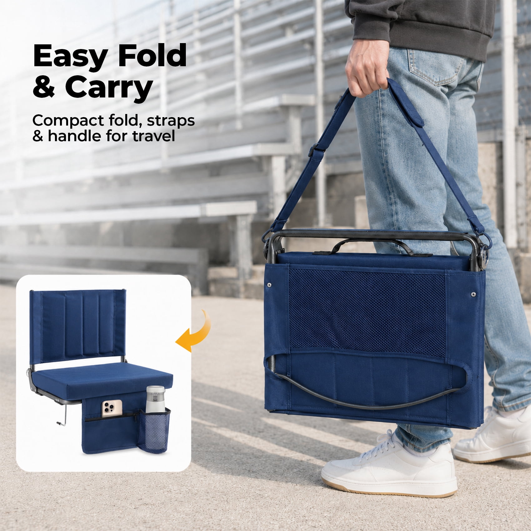 Alvantor Stadium Seat for Bleachers with Back Support, Portable Bleacher Seat with Wide Comfy Padded Cushion, Metal Hook, Folding Stadium Chair with Shoulder Strap, Carry Handle, Cup Holder