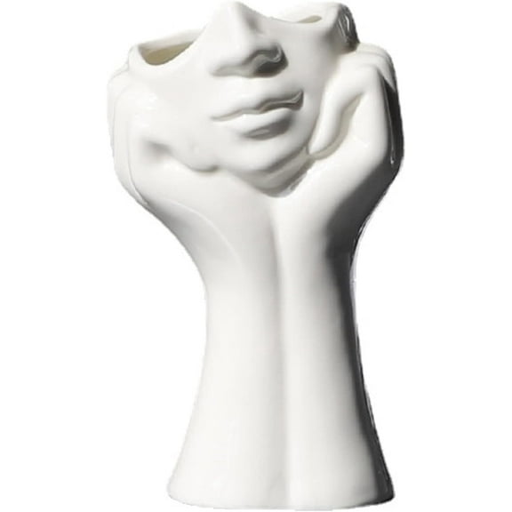 Hands Sculpture Ceramic Face Vase, White
