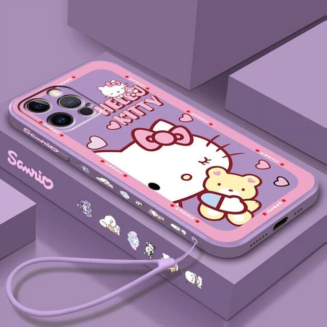 Sanrio Hello Kitty Cartoon Liquid Left Rope For Apple iPhone 15 14 13 12 11 XS XR X 8 7 SE Pro Ultra Max Plus Mini Phone Case LXY
