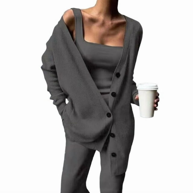 Conjunto de 3 Piezas de Punto para Mujer: Cárdigan de Larga, Camiseta Sin Mangas, Pantalón y Chándal. Gris Oscuro M
