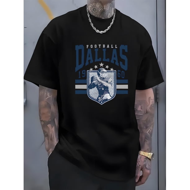 1pc Breathable Lightweight Dallas Football Print T-Shirt - 100% Cotton Crew Neck Casual Sports Tee for Men - Washable Flexible Fabric, Digital Heat Transfer Design, for Hiking & Daily Wear, Four Seas