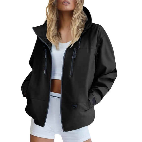 Sexlip Women Hooded Waterproof Windbreaker Jacket Full Zip Long Sleeve Multi Zipper Pocket Loose Fit Outdoor Hiking Lightweight Rain Coat Black XXL