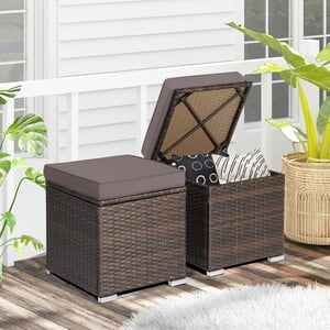 Gymax 2-Piece Outdoor Wicker Ottomans with Storage
