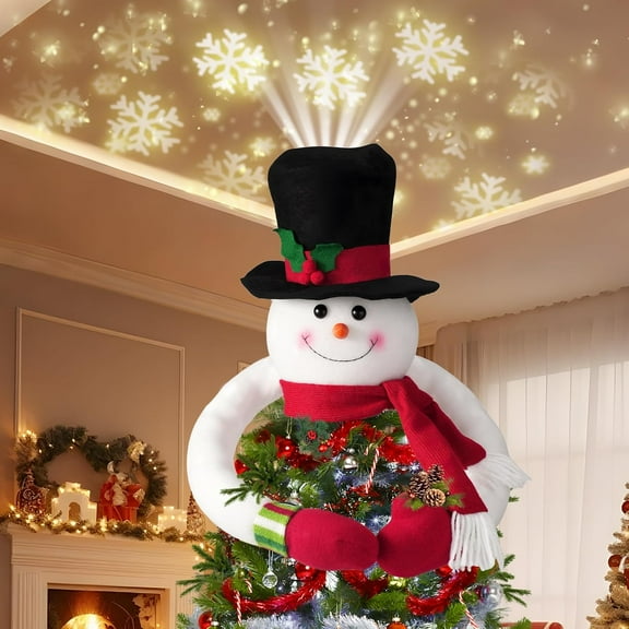 Lighted Christmas Tree Topper Snowman Projector with 3D LED Rotating Snowflake Projection, Festive Holiday Decoration for Christmas Tree and Home Décor