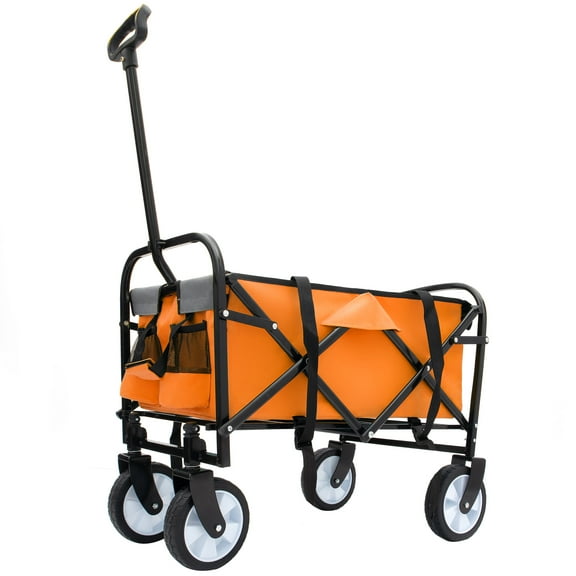 Minimeetall Strap Wagon Cart: Heavy-Duty Orange Steel Utility Wagon with 225lb Capacity, Collapsible for Beach, Camping, Shopping, Gardening, Fishing, Sports - 6" Swivel Wheels, Secure Strapping Syst