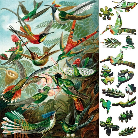 Wooden Jigsaw Puzzles for Adults with Uniquely Shaped Pieces - made in USA by FoxSmartBox - 145 Pieces - Hummingbirds