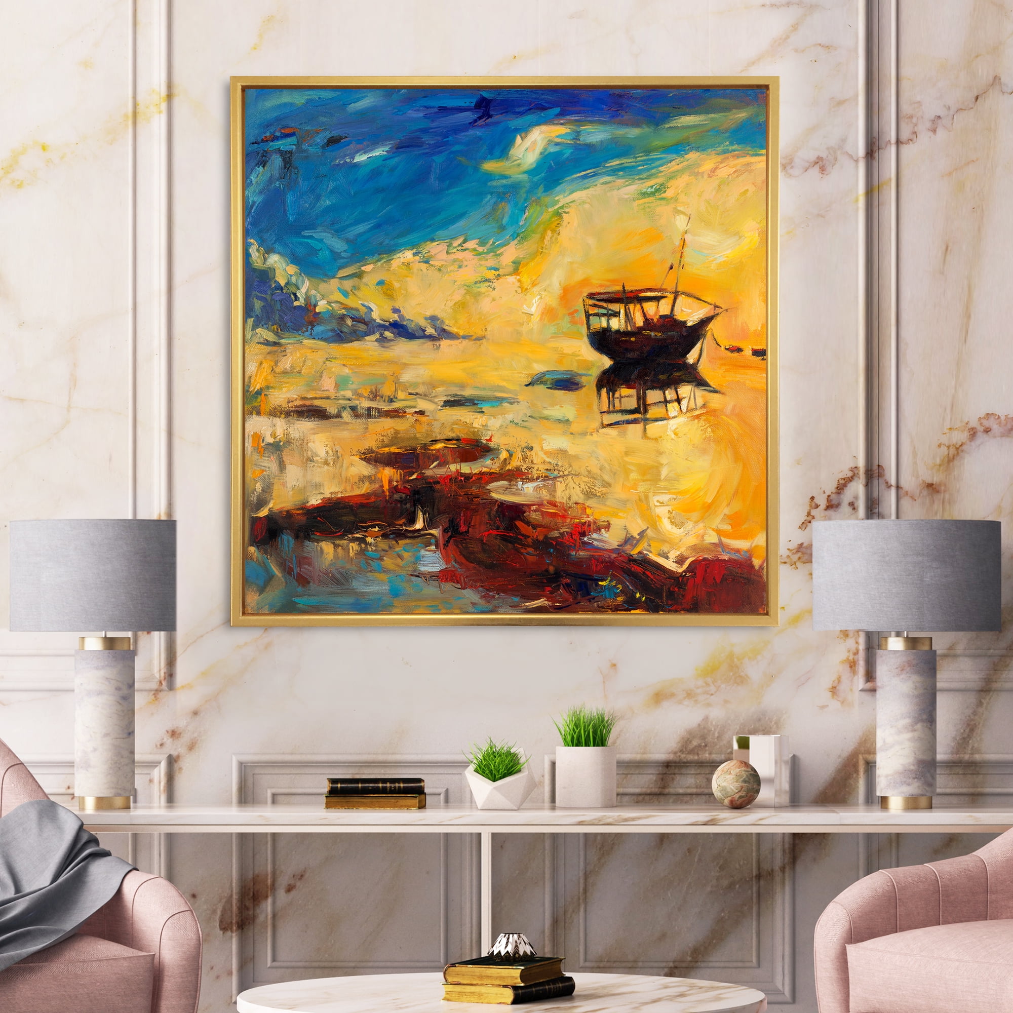 Designart 'Abstract Boat At The Ocean Horizon During Sunset' Nautical & Coastal Framed Canvas Wall Art Print