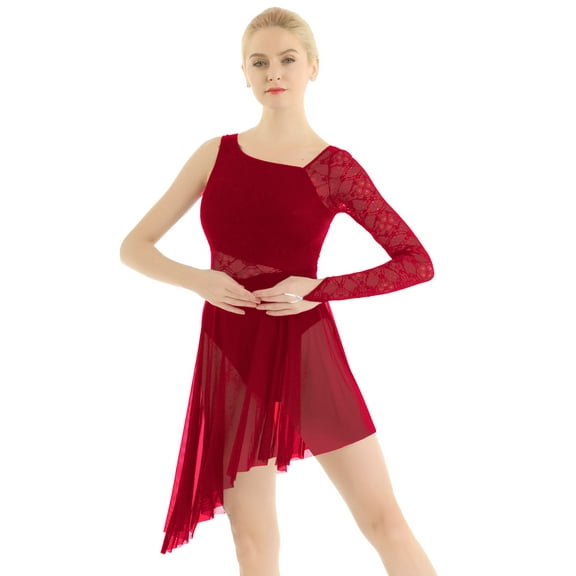 MSemis Women Girls Lyrical Ballet Dance Costume Asymmetric Leotard Dresses Burgundy Small