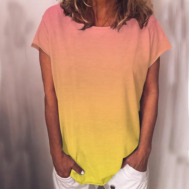 ICHUANYI Clearance Women's Casual Gradient Color Short Sleeved T-Shirt Tunic Blouse Tops(Yellow, S) ICHUANYI WER2023081107269