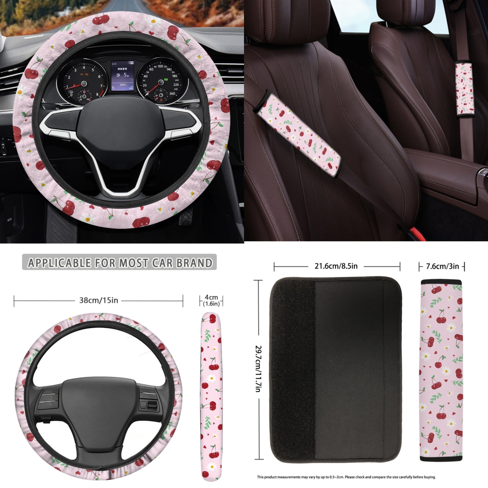 Yuyamidu Cherry Car Seat Cover Set of 15 Daisy Front Back Seat Cover with Car Floor Mats Pink Steering Wheel Cover Seat Belt Pad Handbrake Cover Set Coasters