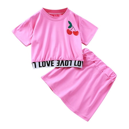 

TAIAOJING Baby Girl Clothes Toddler Kids Short Sleeve Fruit Print T Shirt Tops Soild Skirt Casual 2pcs Set Fall Outfits 5-6 Years