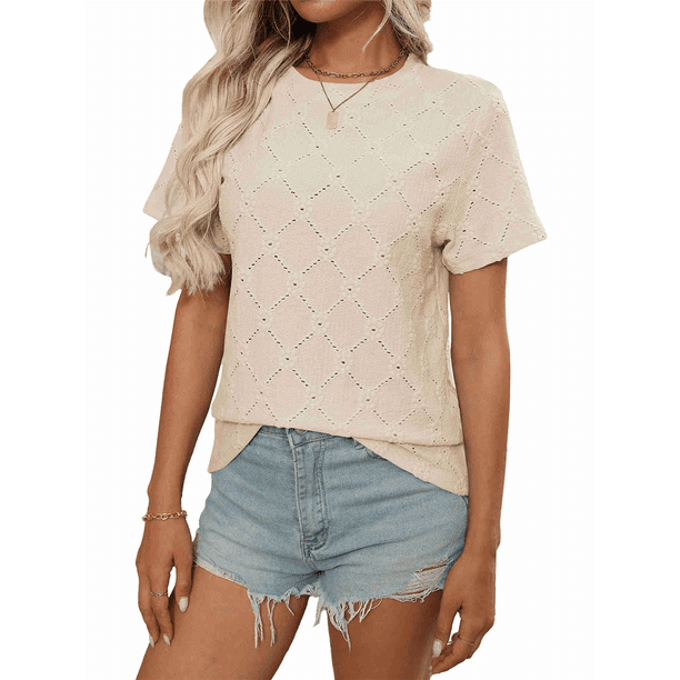 Blusa Informal de Corta con Cuello Redondo, Ojales Bordados y Aberturas para Mujer, Color Albaricoque XL