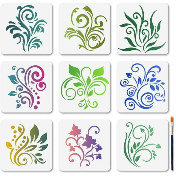 9 PCS Swirls Vine Stencils 5.9x5.9 Inches Flower Figure Petal Reusable DIY Stencils Plant Nature Drawing Stencil Templates with Paint Brush