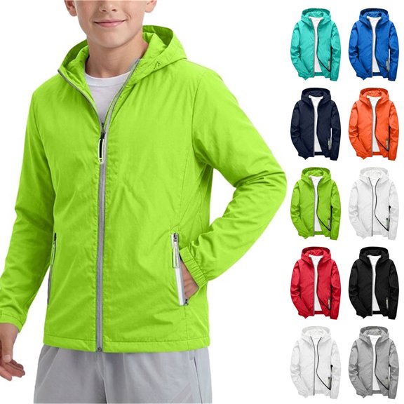 Afuyipoi Boys Solid Color Hooded Jacket(For 3-12 Years) Windproof Waterproof Outdoor Sports Casual Coat School Daily Wear For Kids Blue Size 5