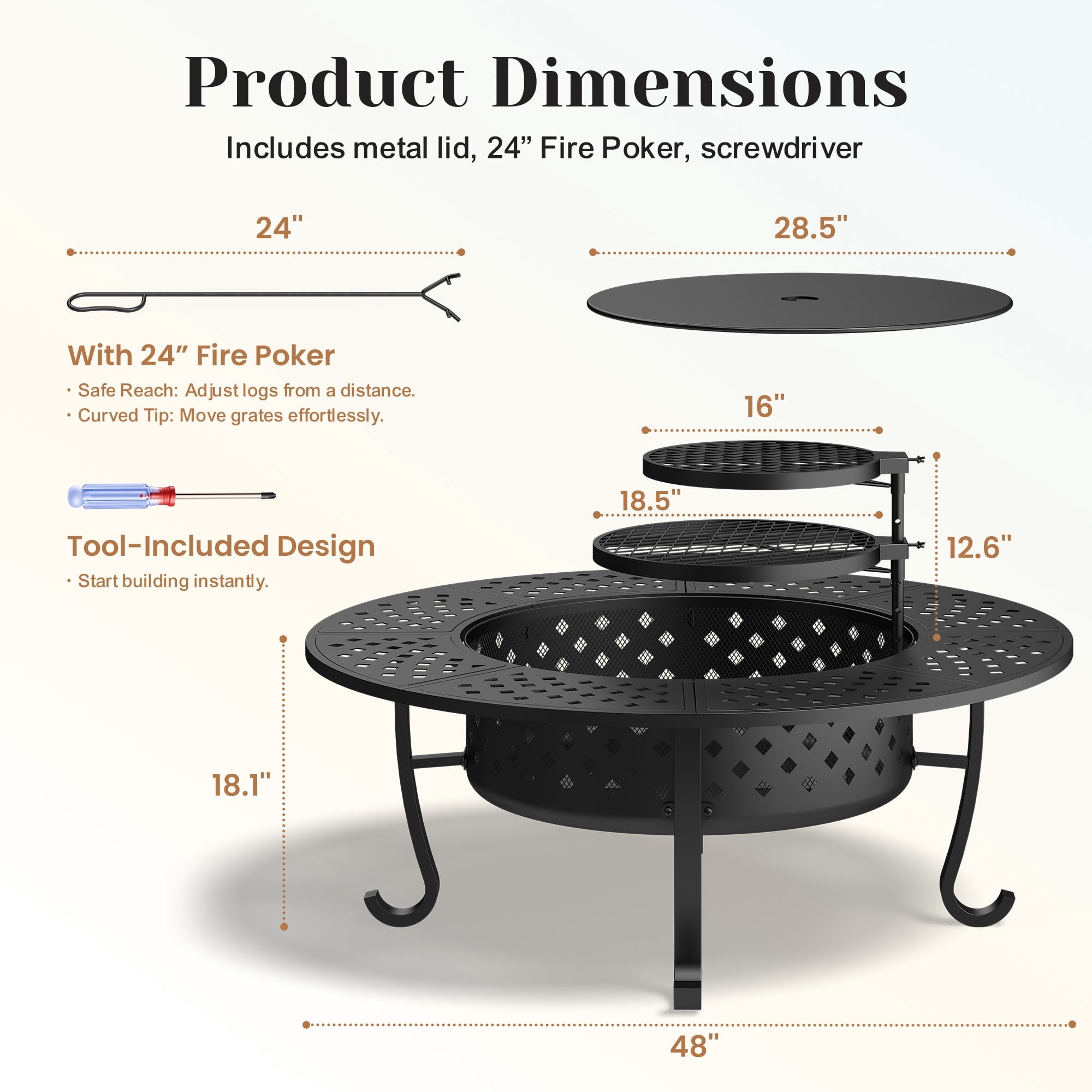 CozyHome 43'' Fire Pit with 2 Grills, Lid, and Fire Poker, Outdoor Wood Burning Fireplace, BBQs, Bonfire & Round Metal Table 3 in 1 for Patio, Picnic, Party, Black