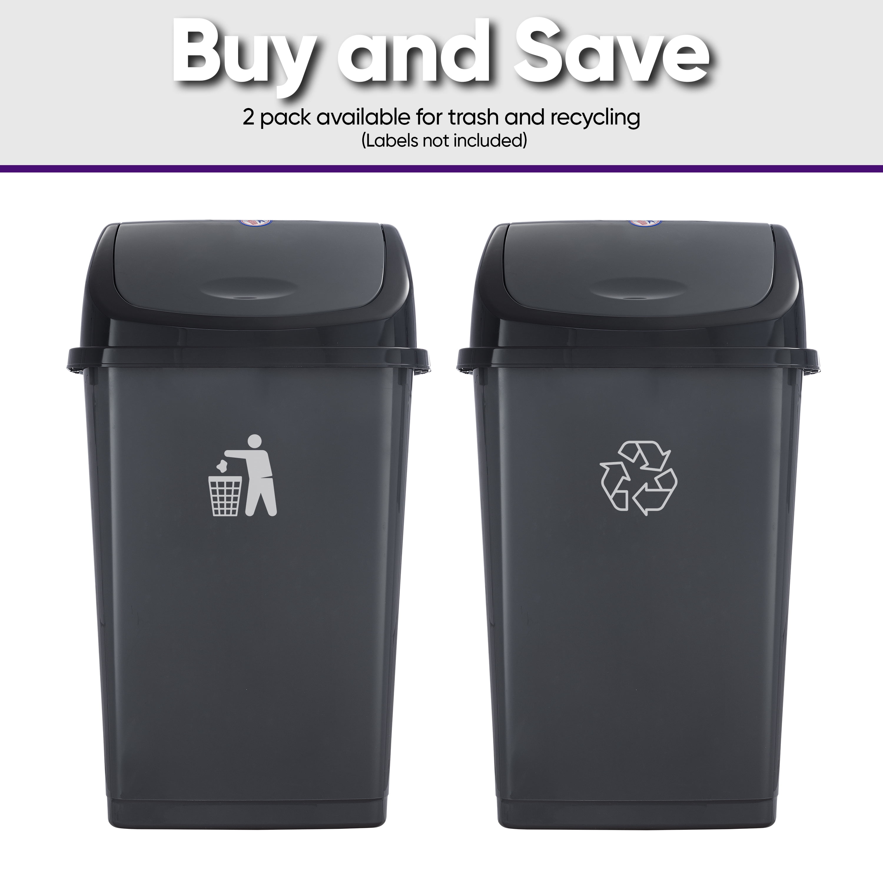 Superio 13 Gallon Plastic Swing Lid Trash Can, Grey/Black 2 Pack, Ideal for Home, Office, Garage, Patio, and Outdoor Use