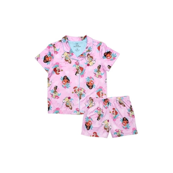 Centric Brands Girls Princess 2pc Pajama Set  Collared Button-Down Top & Shorts  Moana, Ariel, Tiana & Belle  2T10