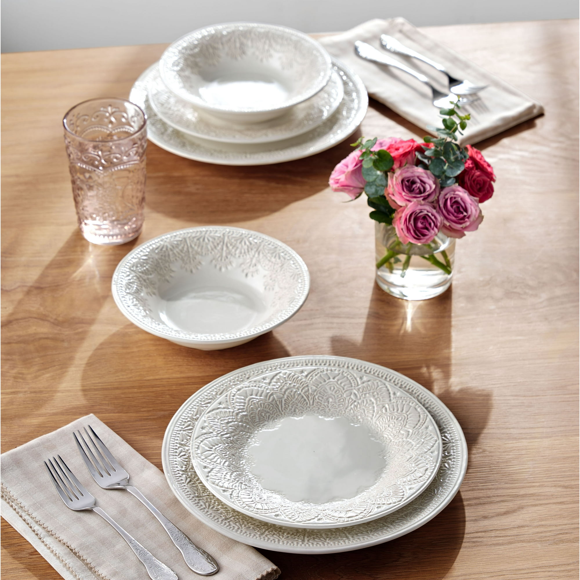 The Pioneer Woman Vintage Lace 12-Piece Ceramic Dinnerware Set, Linen