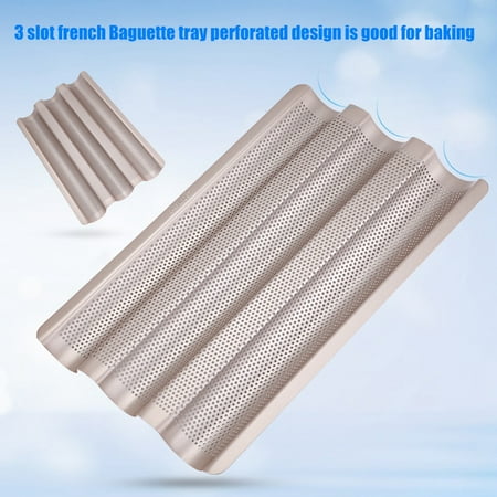 Non Stick Perforated Baguette Pan (15inch French Bread Pan Baguette Baking Tray Perforated 3-slot Non Stick Bake Loaf Mould, Non Stick Pan,Bread)