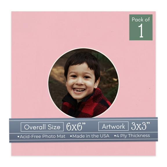 Soft Pink Picture Frame Mat for 6x6 Frames - Circle Opening for 3x3 Photos - 1 Mat