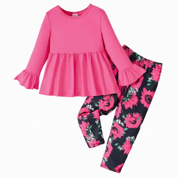 Taybagh Toddler Girl Outfits Vintage Floral Pant Set 5t Girls Clothes Winter Soft Kids Outfit with Ruffle Sleeve Hot Pink 6-7 Years