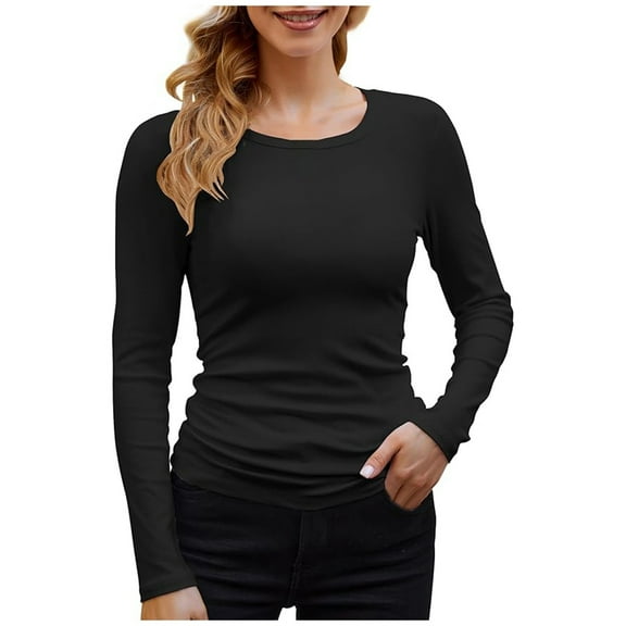 Women's Fashion T-Shirt Loose Fit Crew Neck Long Sleeve Slim Top Soft Comfortable Casual Basic Tee Stylish Solid Color Blouse