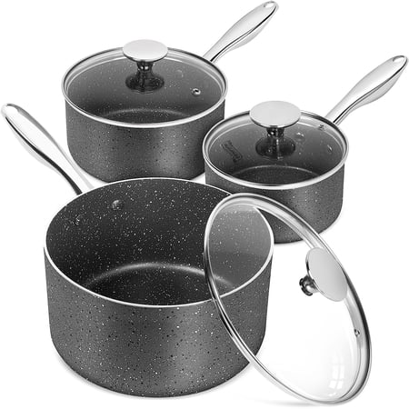 Sauce Pan with Lid, Granite Saucepans with Lids, 1Qt & 2Qt & 3Qt Sauce Pan Sets, Nonstick Saucepan Set with Stainless Steel Handle, Oven Safe, Grey