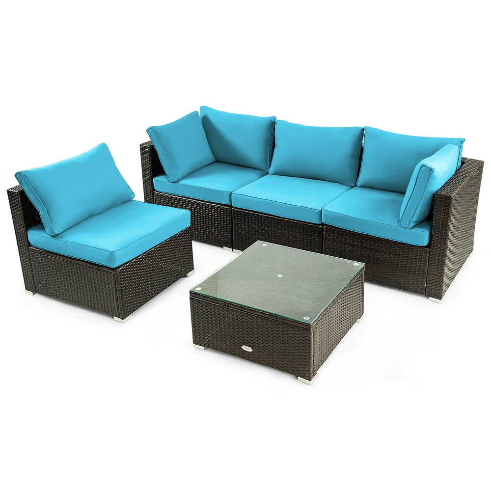 Patiojoy 5PCS Rattan Patio Furniture Set Cushioned Sofa Chair Coffee