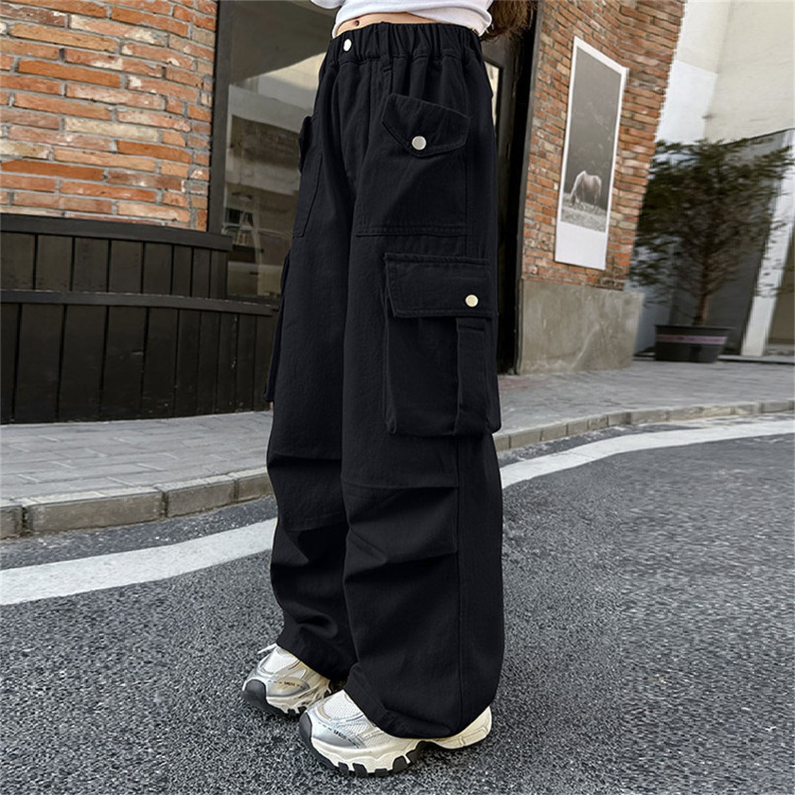 Women's Baggy Wide Leg Loose Cargo Pants Y2K Clothing Multi-Pocket Relaxed Fit Jeans Fairy Grunge Clothes Alt Emo Streetwear Kids Pants (12-13 Years, Black)