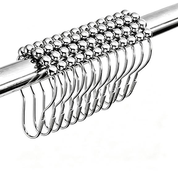 Pautric Shower Curtain Hooks Rings, 12-Pack Stainless Steel Metal Roller Hooks, Rust-Resistant Curtain Rings for Bathroom Shower Curtains & Liners, Silver