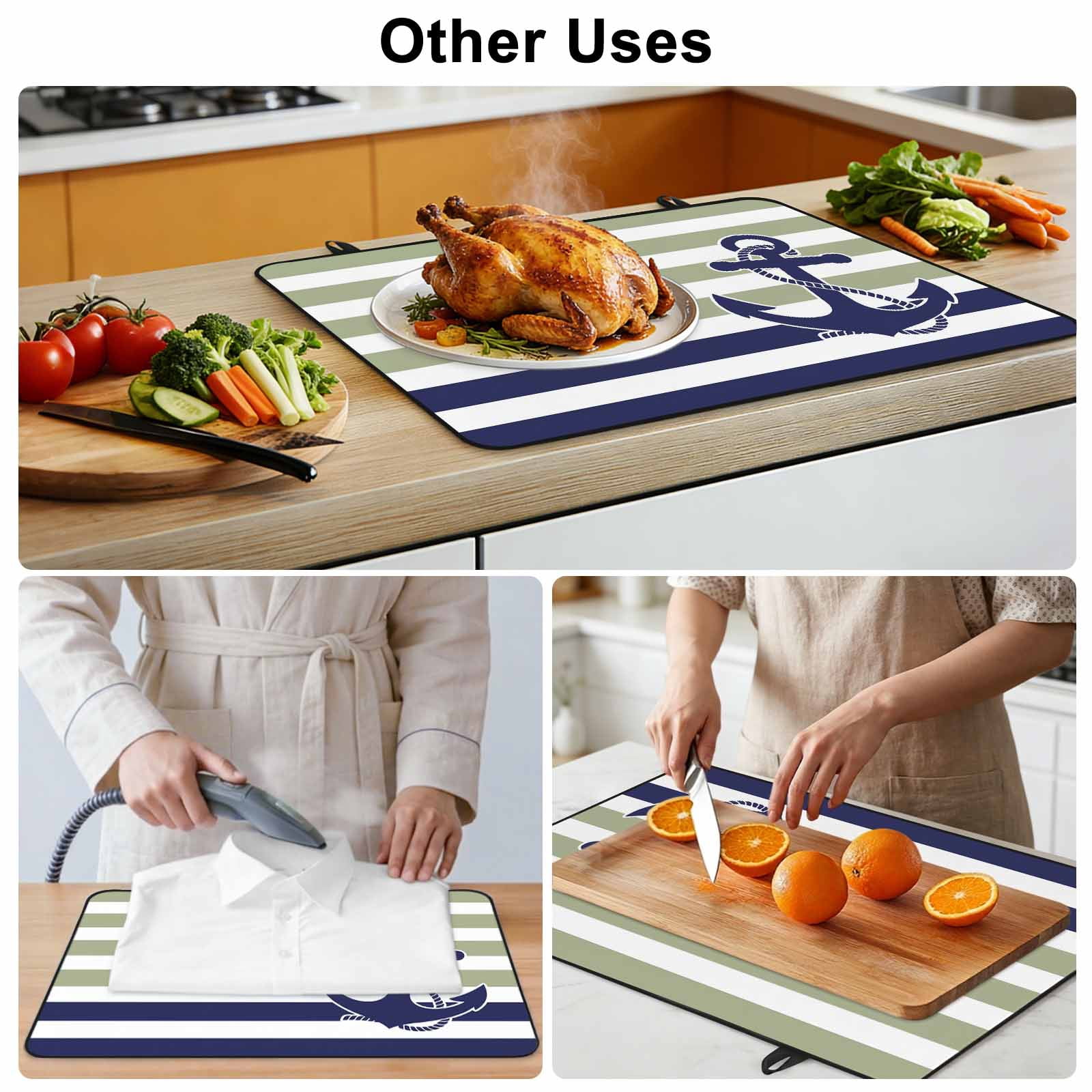 Striped Anchor Stove Top Cover for Electric Stove, Heat-proof & Non Slip Glass Top Stove Cover Protector, Navy Blue Nautical Sage Green Geometric Kitchen Flat Cooktop Rubber Mat 36x21 Inches