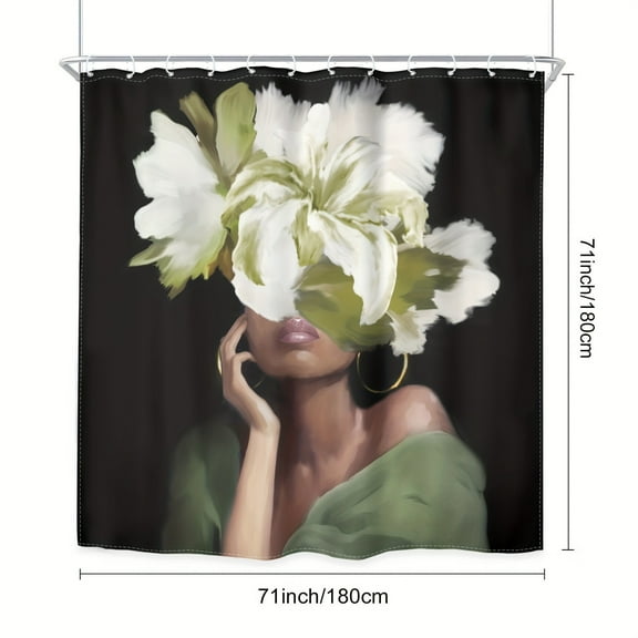 Shower Curtain Set, Green Floral African American Retro White Floral Women Modern Waterproof Shower Curtain with 12 Hooks, Non-slip Bathroom Mat, Toilet Seat Cover Mat, U-shaped Mat, Home Decoration