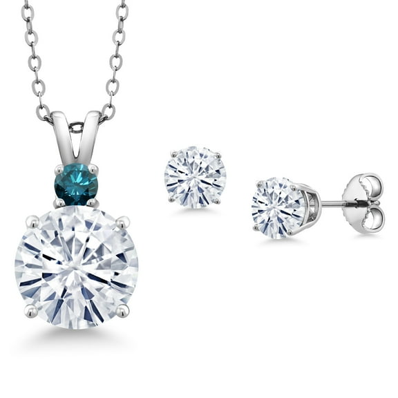 Gem Stone King 925 Sterling Silver Round White Moissanite and Blue Diamond Pendant and Earrings Jewelry Set for Women (5.15 Cttw, Gemstone Birthstone, with 18 inch Chain)