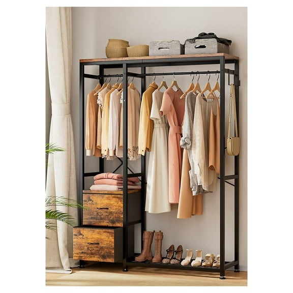 Clothes Rack, Heavy Duty Garment Rack for Hanging Clothes, Industrial Clothing Racks with Shelves, 2 Fabric Drawers, 4 , 2 Hanging Rods, Freestanding Closet Organizer, Rustic Brown Industiral