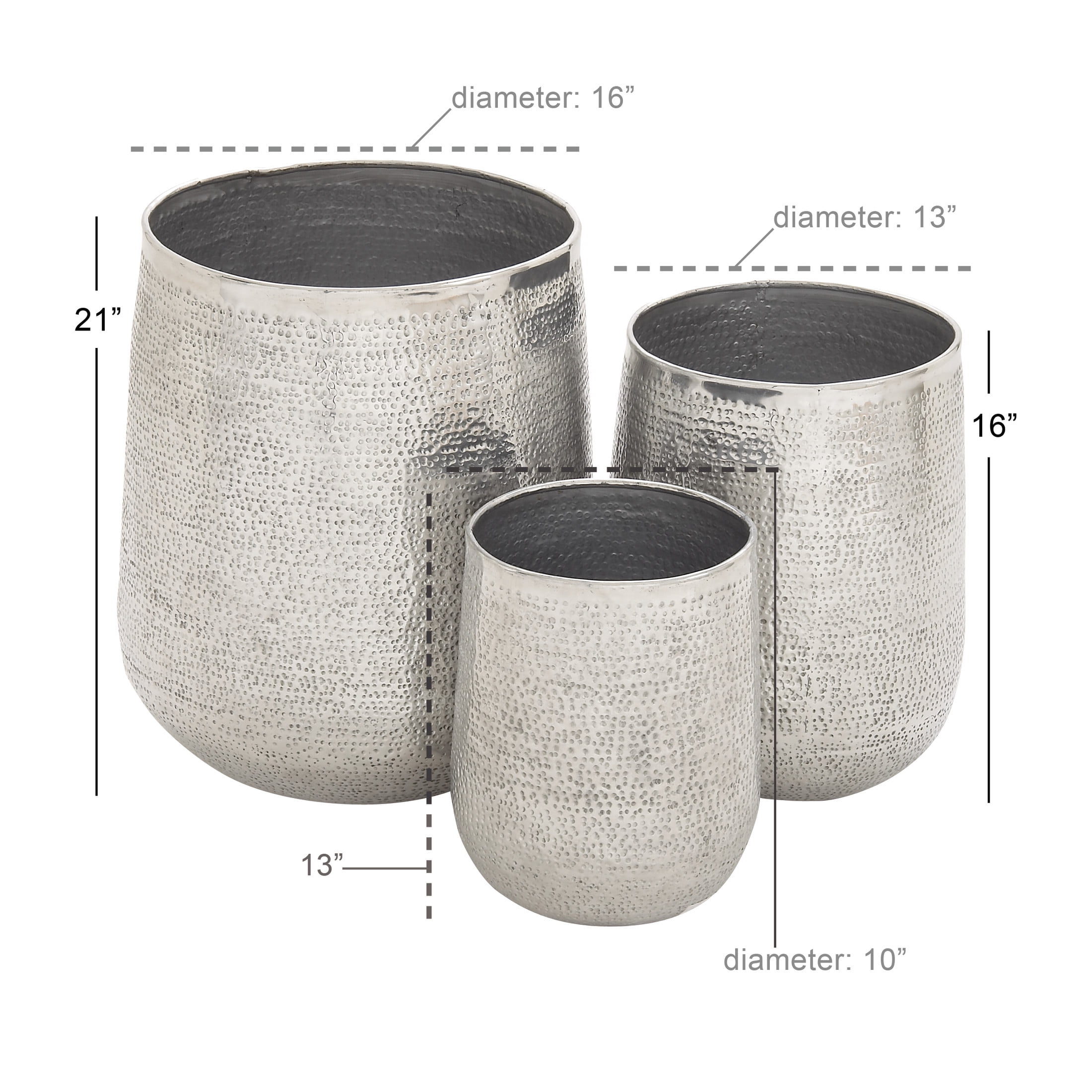 DecMode Silver Aluminum Metal Wide Hammered Indoor Outdoor Planter, Set of 3 21", 16", 13"H